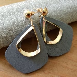 Korean Geometric Grey & Gold Wooden Earrings